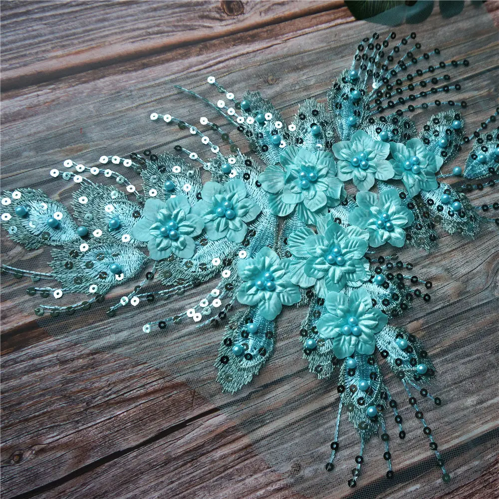 Teal Blue Sequin Tassel 3D Flower Rose Beads Lace Fabric Embroidered Gown Appliques Collar Mesh Sew Patch For Wedding Decoration | Дом и сад