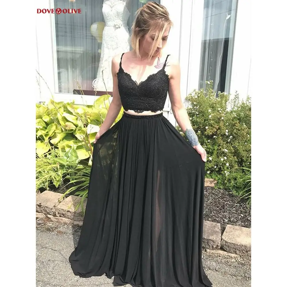 

Black Two Pieces Evening Dresses Lace Appliques Beaded Spaghetti Strap V Neck Chiffon Front Split Prom Gowns Formal Party Custom