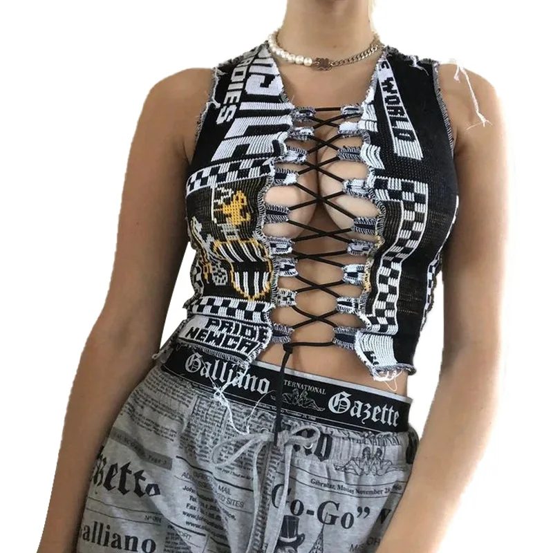 

Locomotive tooling style street hipster stitching knit vest short sexy tassel strap top
