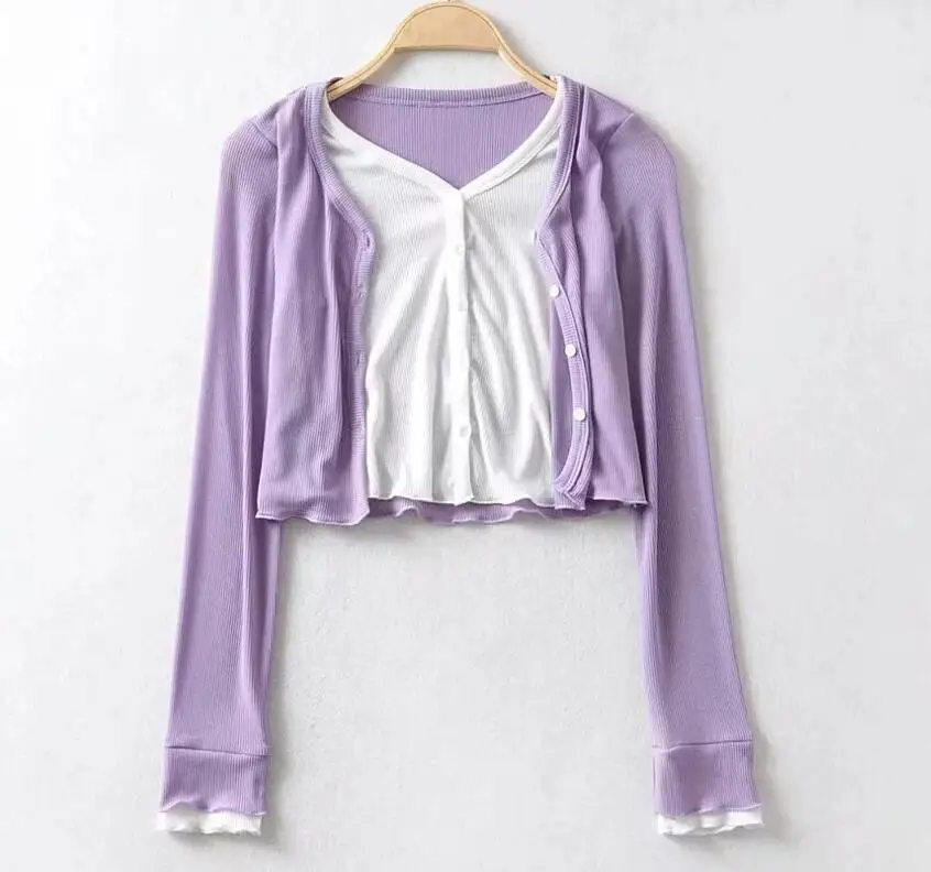 2020 Women Knitted False 2pcs Cropped Long sleeve T-shirts Vintage V neck Exposed navel Short Knitwear T shirt Tops | Женская одежда