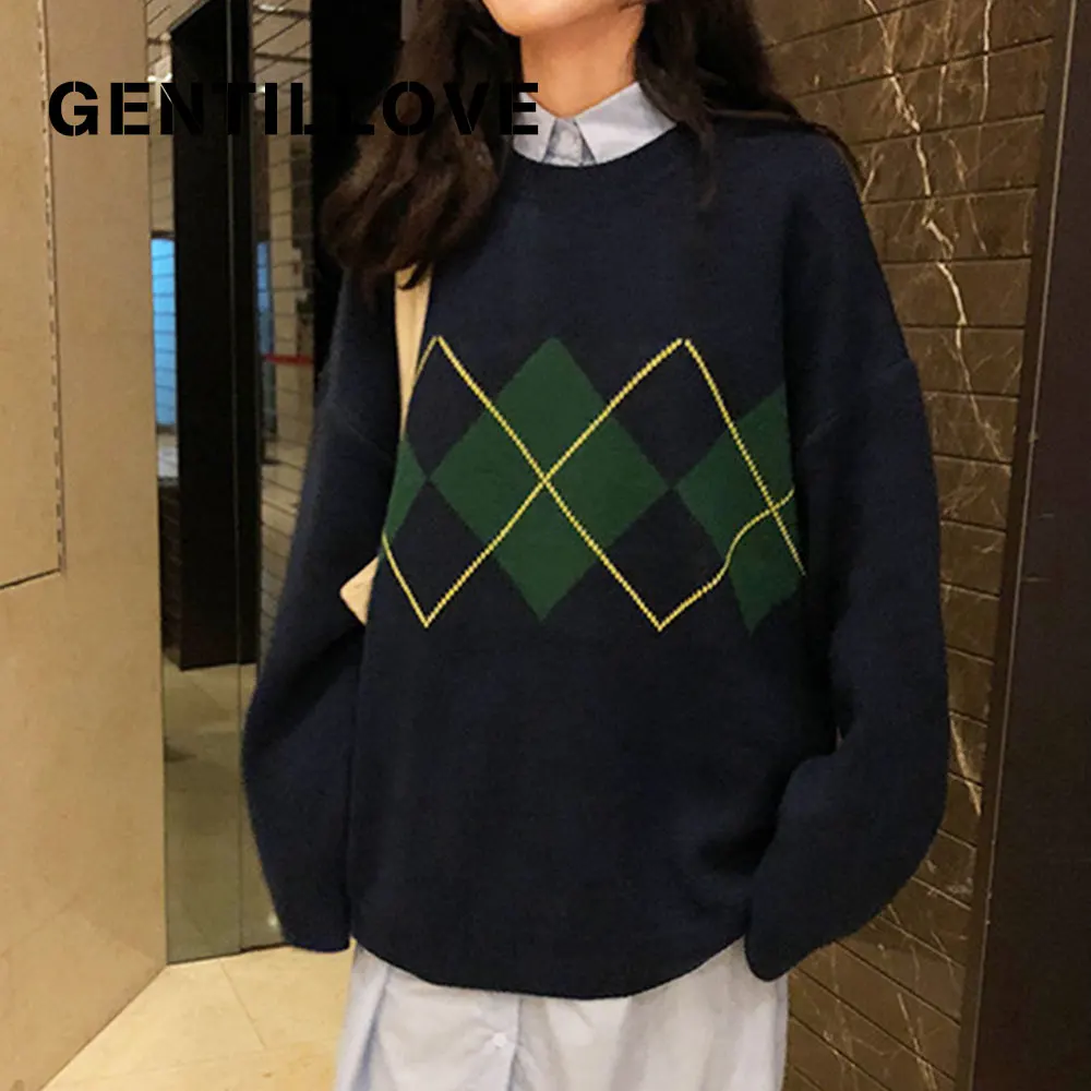 

Модный трикотажный пуловер «летучая мышь», женский зимний винтажный свободный свитер с геометрическим узором, корейские джемпера, вязаные ...