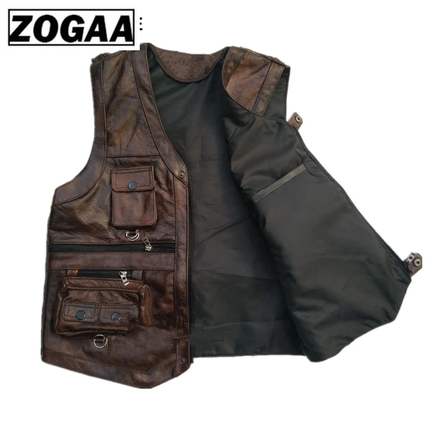ZOGAA жилет мужской кожаный из натуральной кожи мотоциклетный с множеством