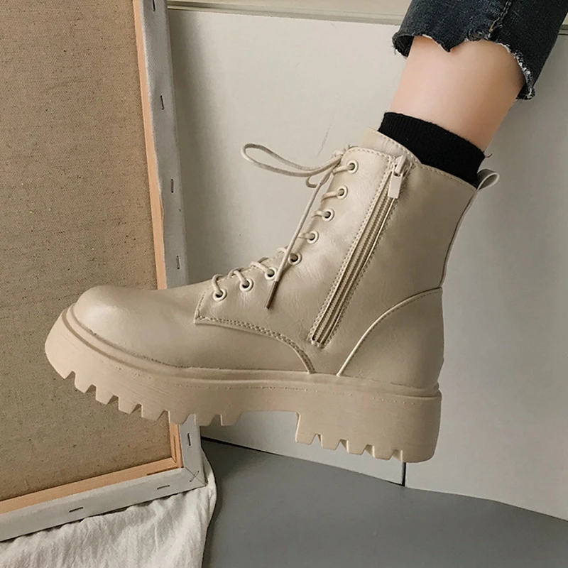 

Girseaby PU Leather Autumn Ankle Boots For Women Platform Lace Up Chelsea Boot Spring Booties Female Thick Bottom Black S2195