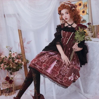 

JSK Gothic Lolita Dress Vintage Princess Cosplay Costume Cute Girl Printing Lace Falbala Kawaii Full Sleeve Chiffon Blouse