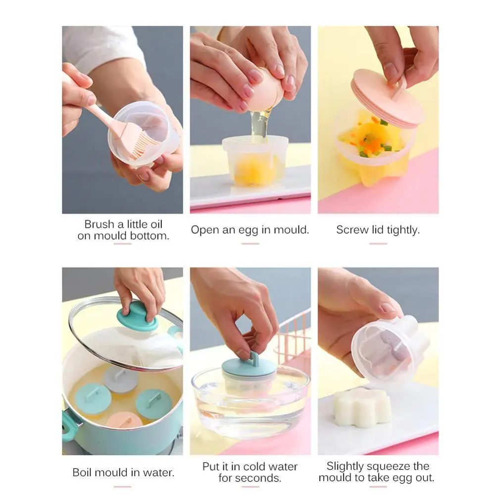 

Practical 4 Pcs/Set Cute Egg Poacher Plastic Egg Boiler Kitchen Egg Cooker Tools Egg Mold Form Maker With Lid Brush Pancake
