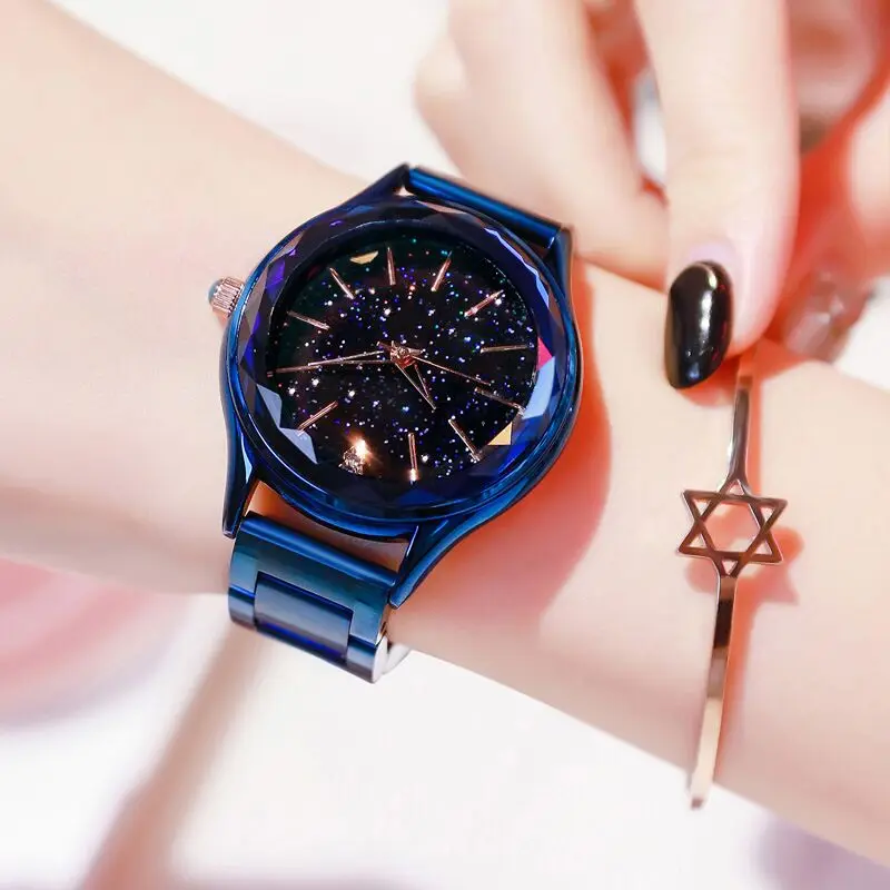 2019 золотые стальные женские часы Роскошный Браслет со звездой хрустальные