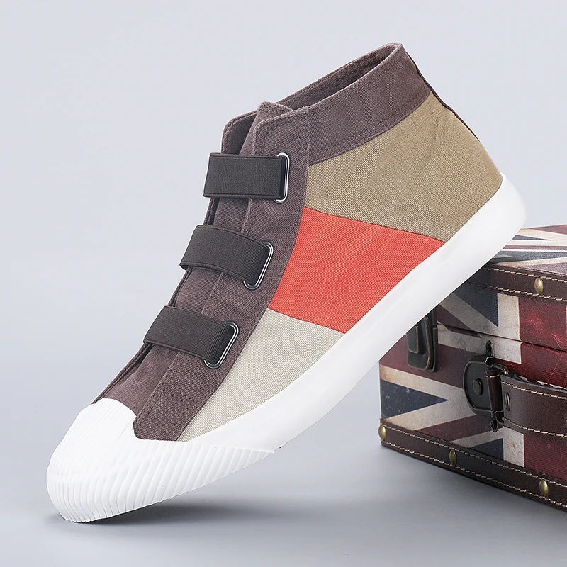 

Hot Sale High Top Men Vulcanized Shoes Colorful Canvas Shoes Outdoor Breathable Light Sport Flat Shoes Patchwork Casual Sneakers