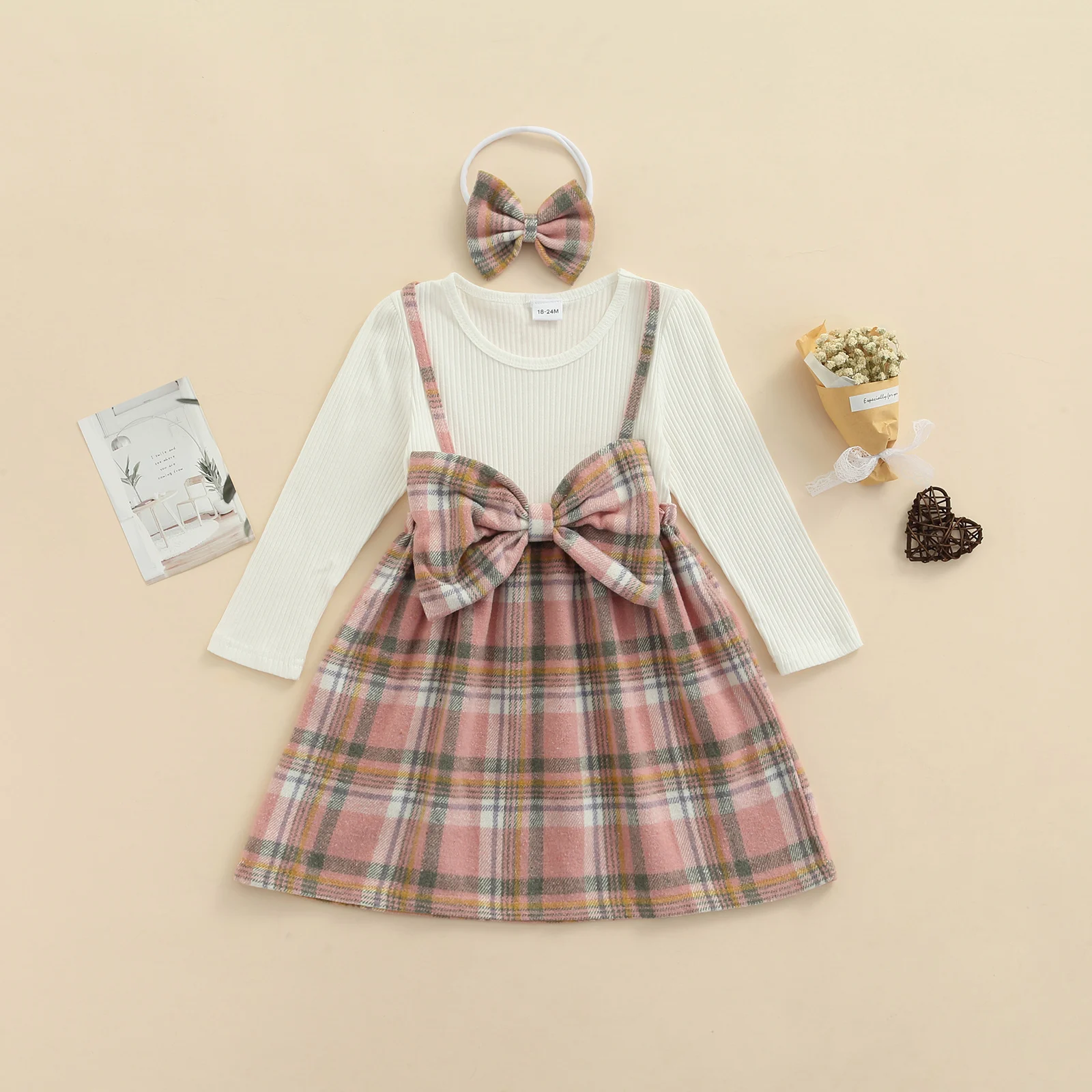 

Kids Dress, Plaid Round Neck Long Sleeve Fake Two Pieces O ne-Piece with Headband for Spring Fall, 9 Months-3 Years