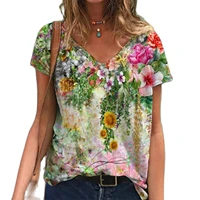summer t shirt flower pattern t shirts plus size women short sleeve printed v neck blusas mujer manga corta young beauty tshirts