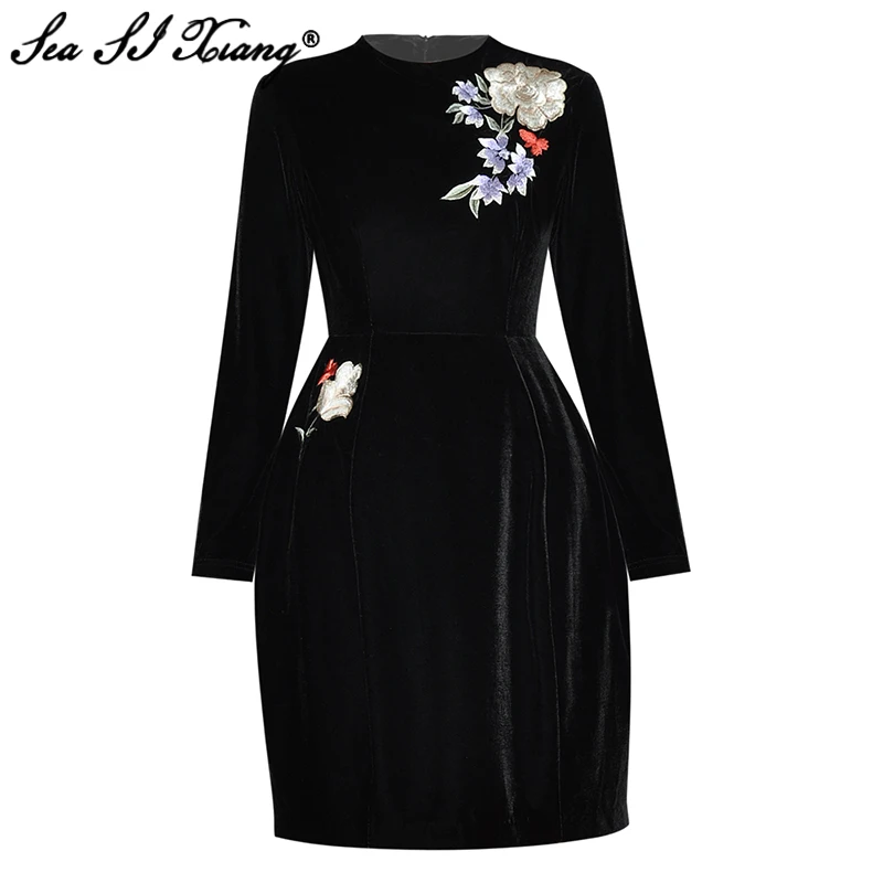 

Seasixiang Fashion Designer Spring Balck Velvet Dress Women O-Neck Long Sleeve Flower Embroidery Vintage Mini Dresses