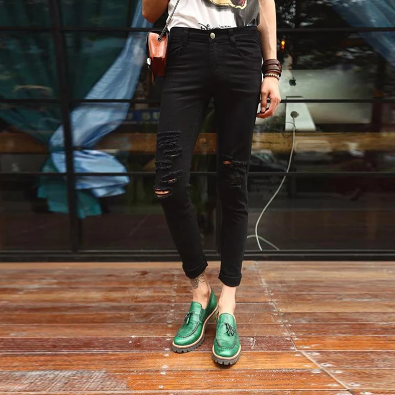 

Influx Male Europe and America Black Knee Hole Male Jeans Male Korean Version of The Nine Pants Male Summer Large Size Men's Bro