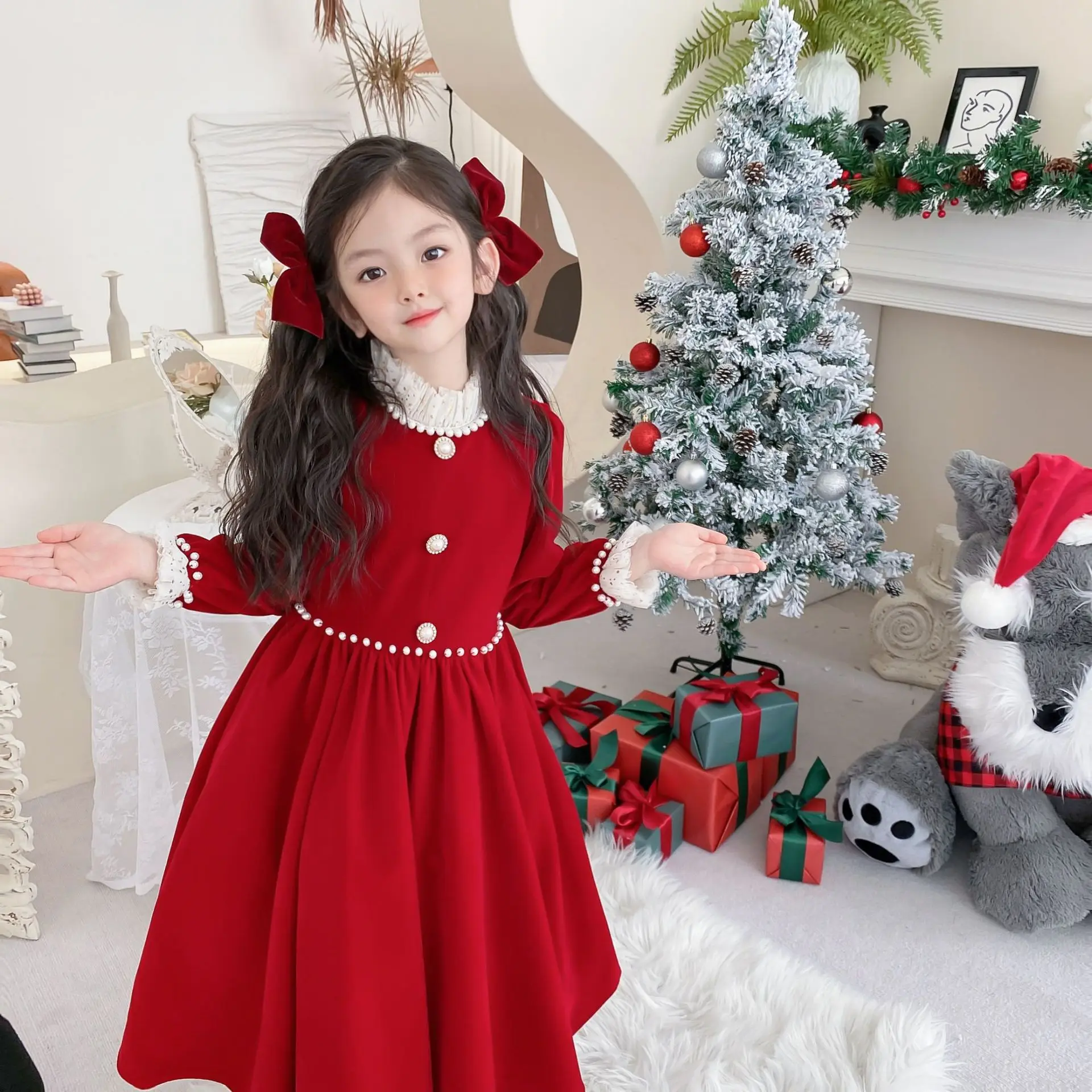 

Осенне-зимнее детское бархатное красное Новогоднее платье, рождественское платье для девочек, элегантное однотонное Повседневное платье