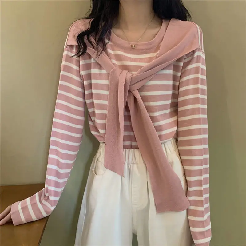 

Autumn top 2020 New Vintage striped shawl long sleeve T-shirt women's wear with thin coat