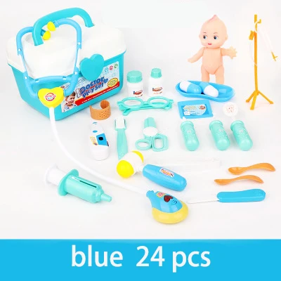 blue 24pcs Детское моделирование чемодана стетоскоп медицинский прибор Детский Набор доктора игрушка портативный медицинский шкаф образовательная игра малыш - Цвет: blue 24pcs