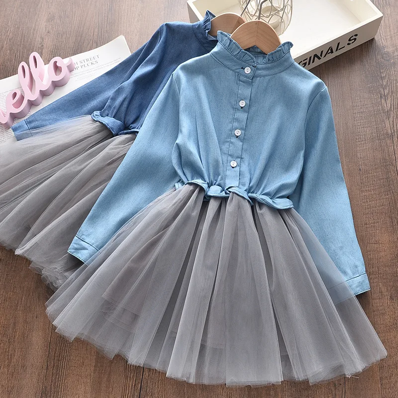 

Baby Spring and Autumn New Kids Fashion Long Sleeve Round Collar Splicing Tutu Tulle Children Girl Casual Denim Dress