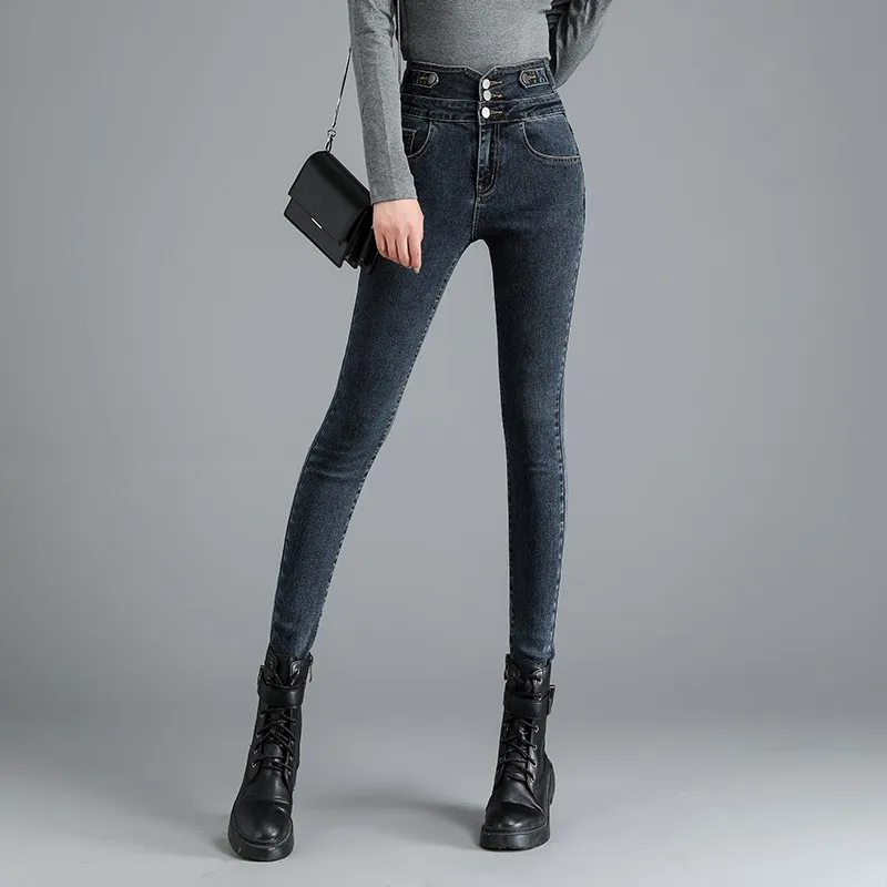 

GUUZYUVIZ High Waist Jeans Autumn Winter Pencil Pants Denim Buttons Ladies Jeans Trousers High Elasticity Plus Size Jean Femme
