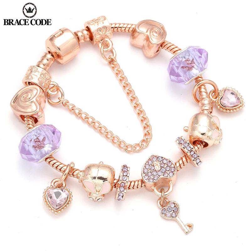 Розовое золото ключ &amp замок браслеты с подвесками браслет звено цепи Шарм для