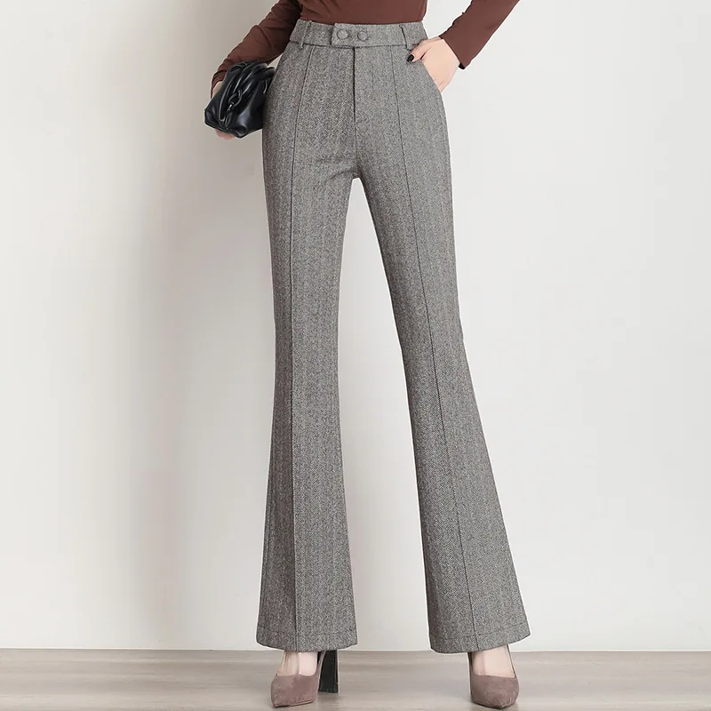 

Women Fashion High Waist Woolen Bell Bottom Pants Autumn Winter Office Lady Elegant Chic Slim Casual Suit Flare Trousers 3026