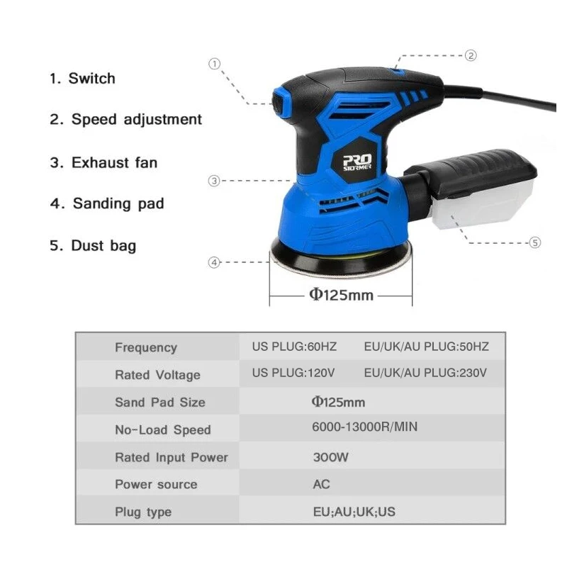 Орбитальная шлифовальная машина 300 Вт 7 скоростей 13000 об/мин 12 шт.|шлифовальные