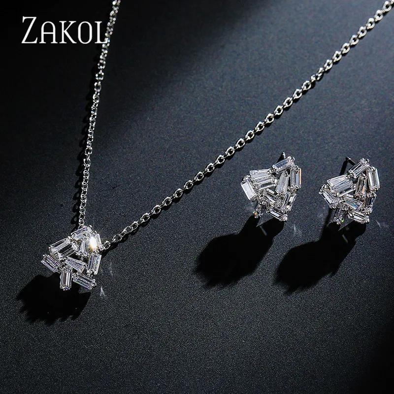 ZAKOL модные 3 цвета багет кубического циркония ожерелье и серьги набор для женщин