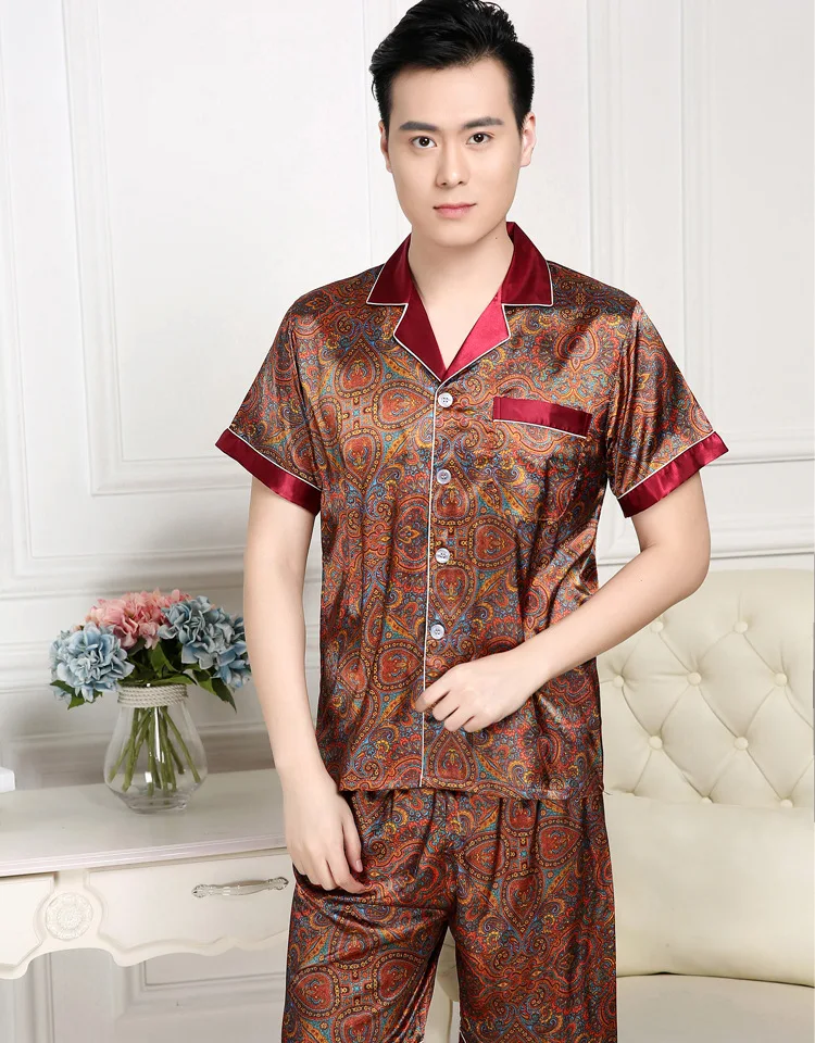 

Summer Print Mens Stain Silk Pajama Set Pajamas Men Sleepwear Modern Style Silk Nightgown Home Male Satin Soft Cozy For Sleeping