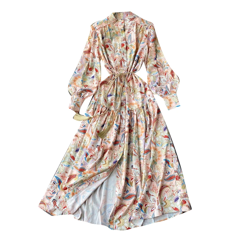 

Women Court Wind Print Maxi Dress O Neck Puff Sleeve Button A-line Dresses Spring Elegant Retro Streetwear Long Dress