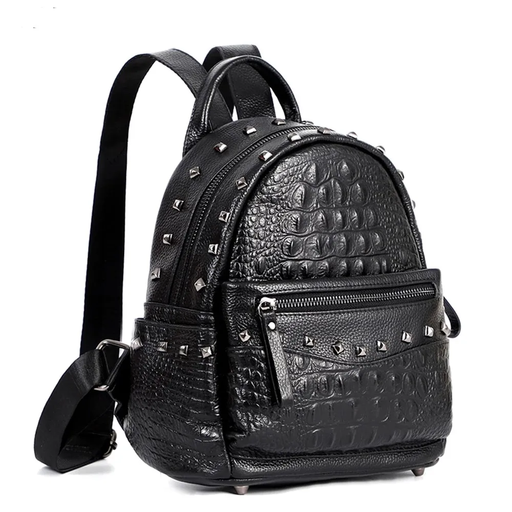 

100% Real Leather Women Punk StyleCrocodile Pattern Backpack Rivet Female Daily School Bag for Girls Teenagers Travel Bag