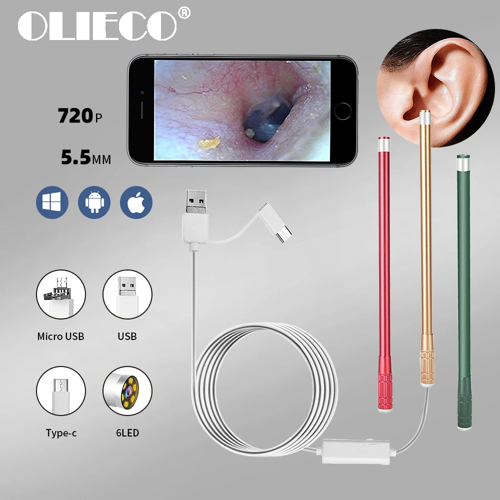 

OLIECO In Ear Endoscope Spoon Mini Otoscope Ear Mouth Nose Camera for Andriod PC Visual Ear Cleaning Picker Ear Wax Remove Tool