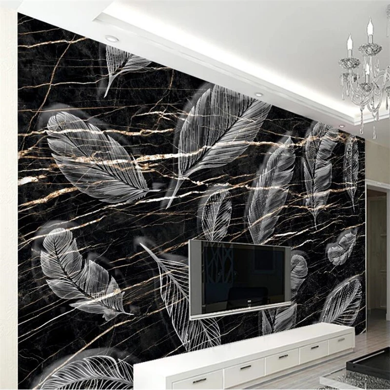 wellyu Custom large murals simple black gold stripes marble feather TV background wall wallpaper papel de parede | Обустройство дома
