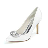pointed toe classic lady high heels with fan shaped crystal brooch party prom bridal wedding satin dress shoes women stelitto