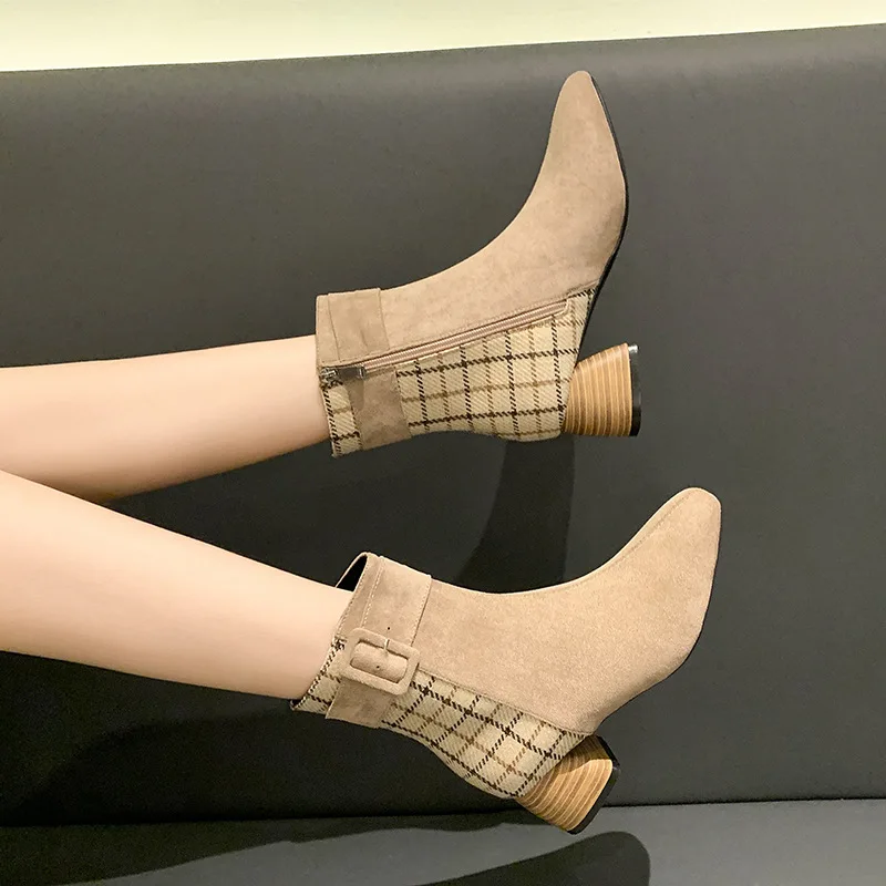 2021 Womens Martin Boots Female British Style Spring and Autumn Single Boots Thick Heel Net Red Thin High Heels Ankle Boots