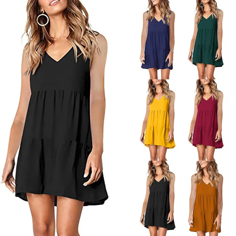 

Female Dress, Summer Solid Color V-Neck Sleeveless Ruffled Loose Basic Dresses for Adults Women 2021