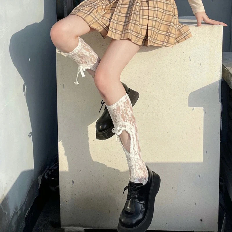 

Summer bow girl lace hollow tube socks ins tide love drawstring socks piled socks