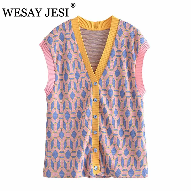 

WESAY JESI Women Clothing Kintted Tops TRAF ZA Women Vintage V Neck Plaid Knitting Female Sleeveless Casual Slim Chic Vest 2021