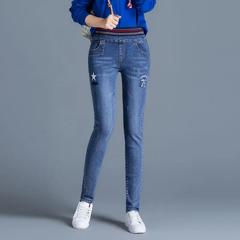 

Woman Jeans Pants High Waist Autumn Winter Pants Elastic Waist Casual