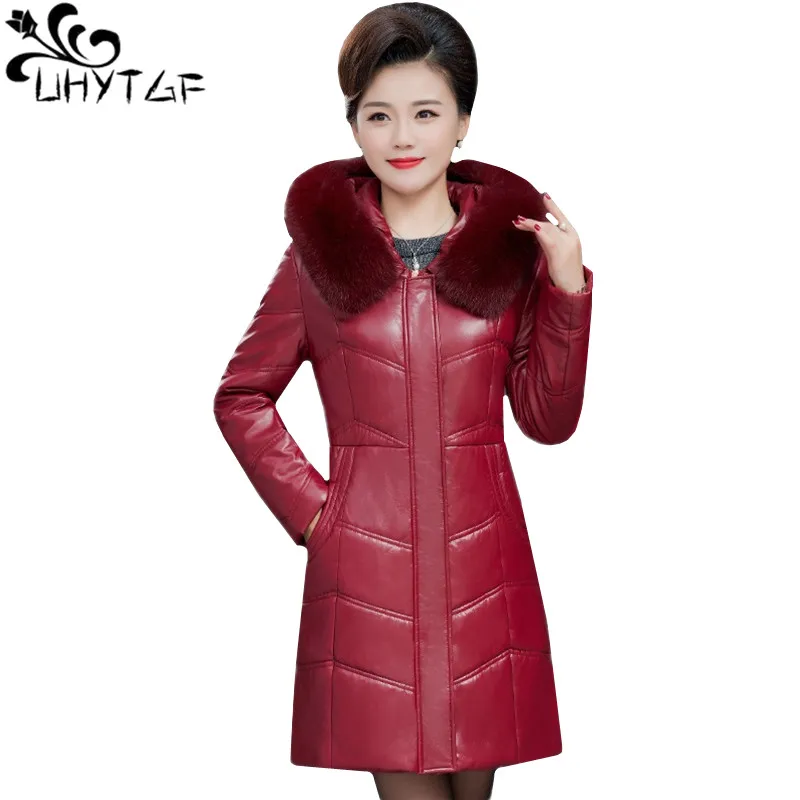 UHYTGF Quality sheepskin winter leather down jacket Parker women fur collar hooded casual female leather coats 7XL Big size 635