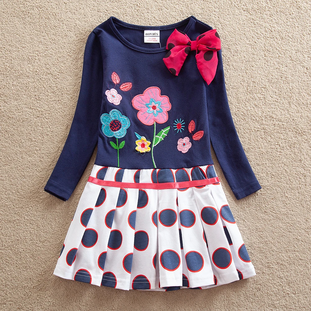 JUXINSU Girl Cotton Flower Embroidery Long Sleeve Dress Bow Girls Autumn Winter Casual Wave Point Dresses for 1-8 Year | Детская одежда