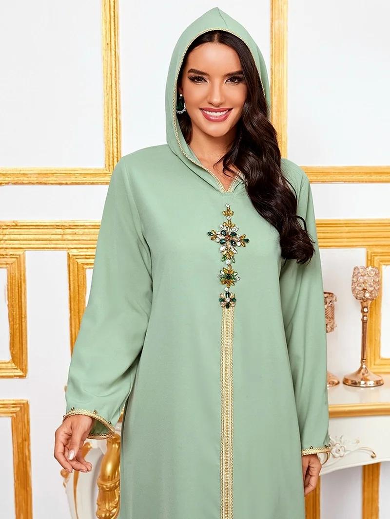 Дубай Abaya Djellaba марокканский кафтан для женщин Бриллиантовая оплетка с длинным