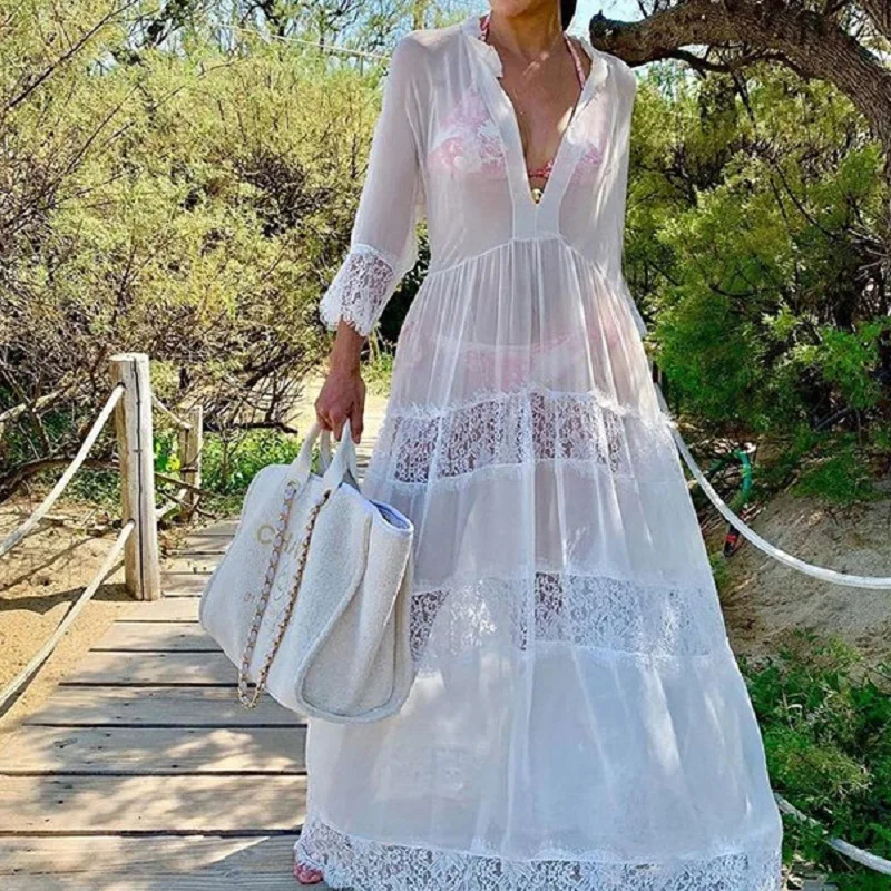 White Lace Boho Chiffon Tunic Long Dress Swimsuit Sexy V-Neck Summer Cover-Up Women Spell Loose Beachwear Smock Sheer Dresses