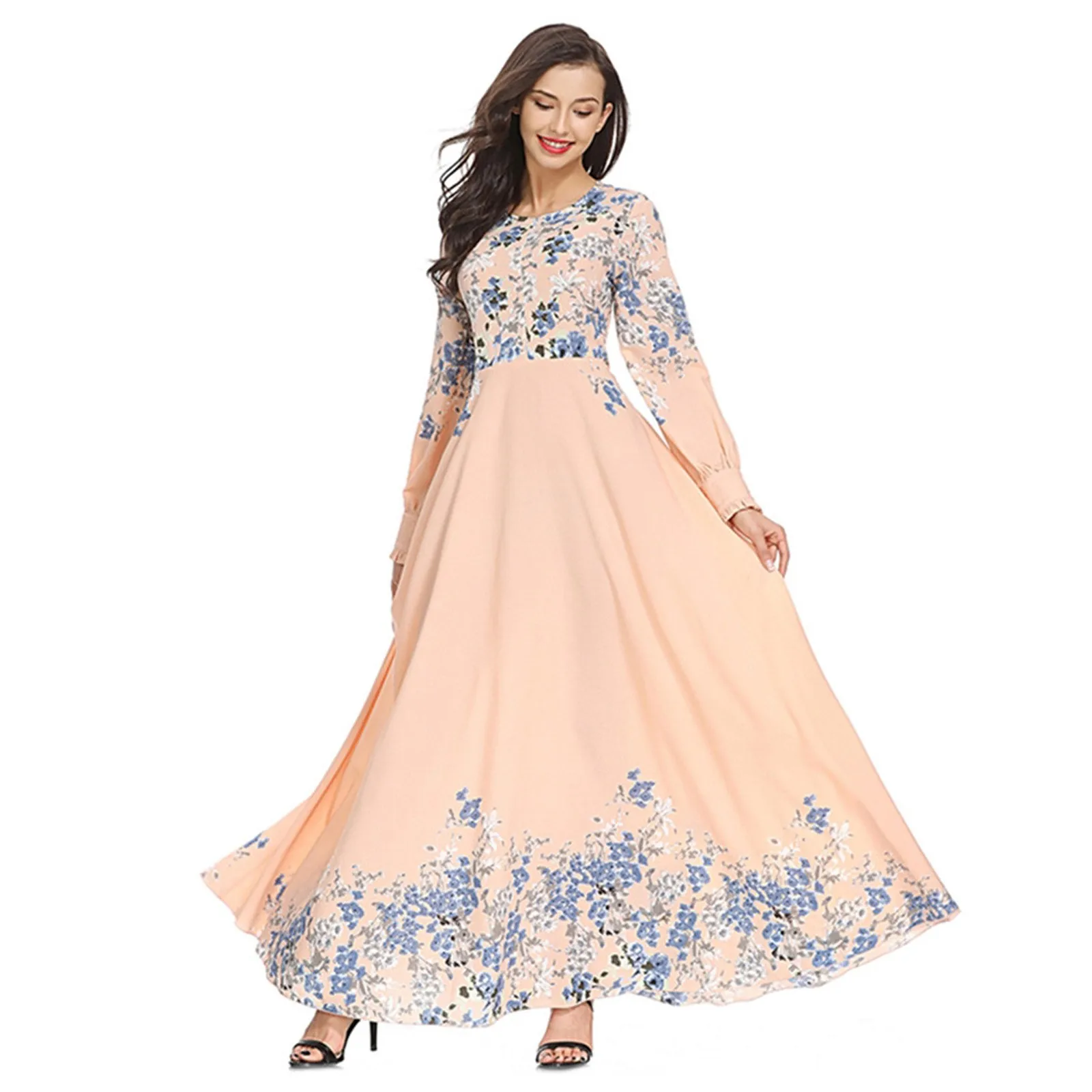

Long Dress Fashion Woman Muslim Loose Floral Printed Robe Clothing Islamic Arab Kaftan Long Sleeve O-neck Maxi Dress