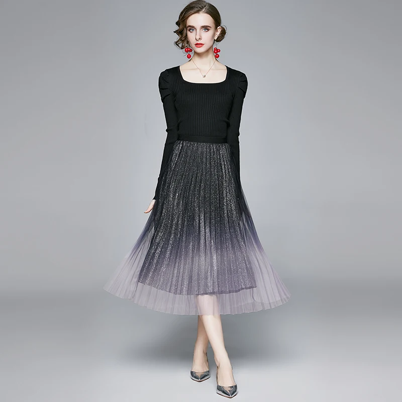 

Autumn Winter Women Two Piece Outfit Elegant Designers Long Sleeve Pullovers Sweater and Midi Mesh Skirt Suit Party Twinset