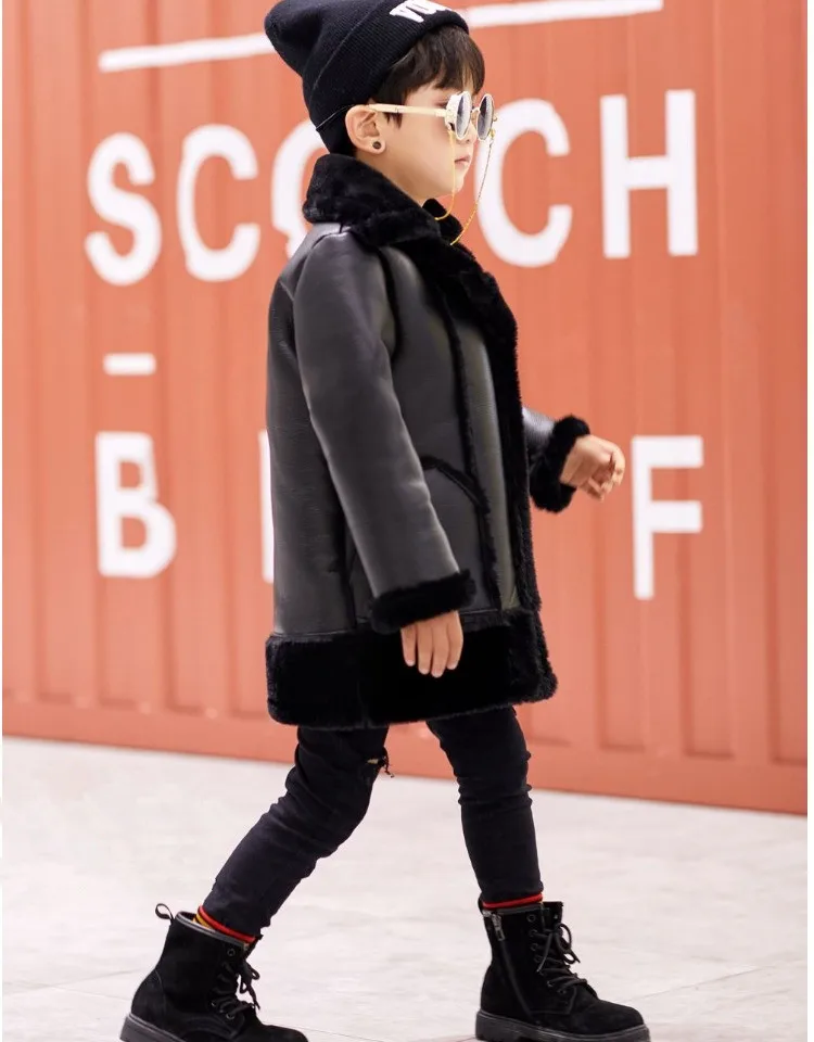 Boys& Girls Plus Velvet Leather Jacket Winter Coat New Fur one Thick Warm Pu Leather Jackets For 2-13T Children
