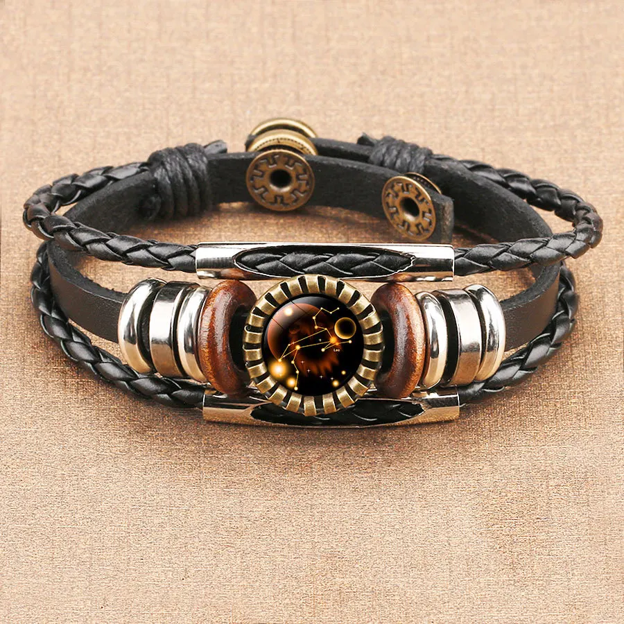 

12 Constellation Zodiac Bracelets Glass Metal Buckle Multilayer Leather Braided Bracelet Men Women Fashion Bracelet Couples Gift