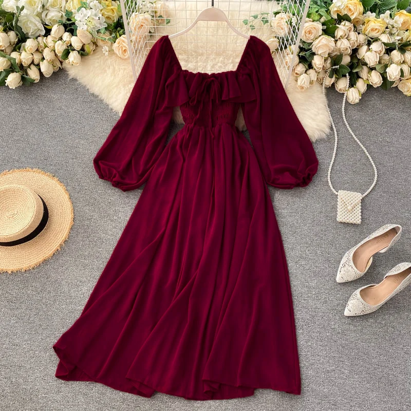 

Woherb Chic Elegant Square Collar Maxi Dress Women Solid Chiffon Puff Sleeve Dresses 2021 Korean Fashion Vintage Ruffle Vestidos