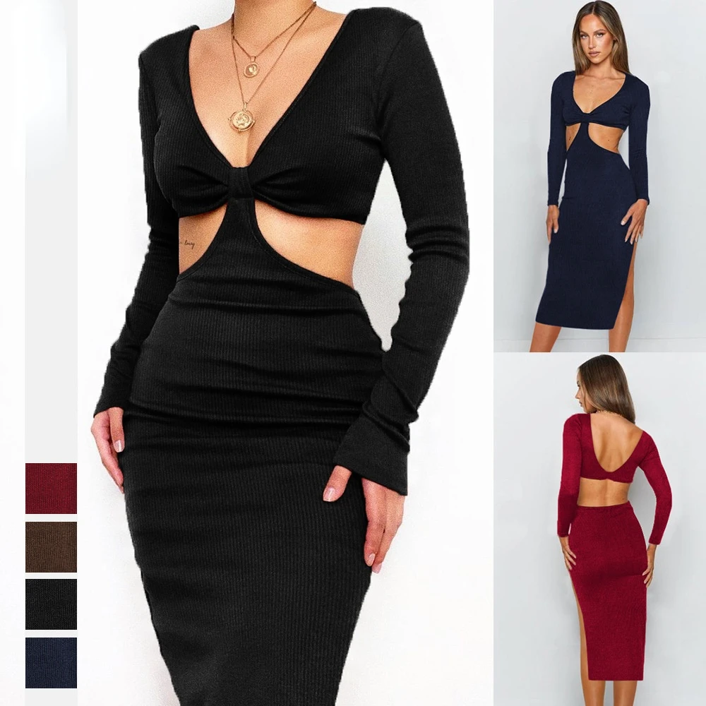 

Pure Color Women's Fashion Sexy V-neck Long-sleeved Open-waist Open-back Dress,Tight-fitting Hip Skirt Womens Formal Dresses