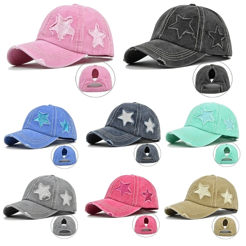 

Women Washed Baseball Cap Glitter Star Embroidery Distressed Ponytail Hole Hat