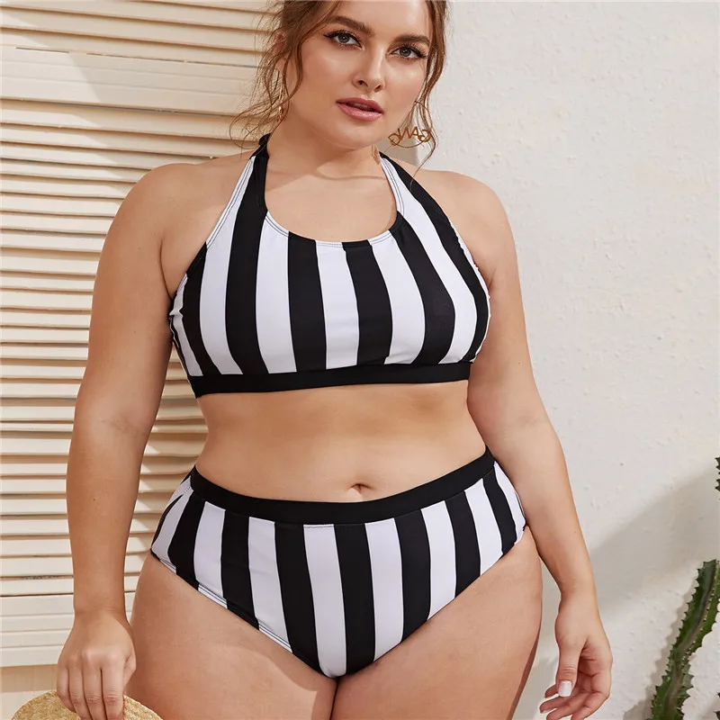 

Striped Halter Large Size Bikinis 2021 Woman Plus Size Swimwear Women Tankini Swimsuit for Big Breasts Tankini Vetement Femme