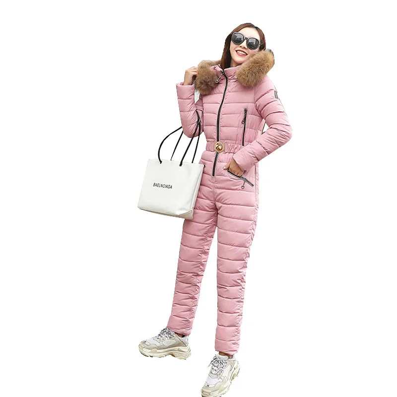 2022Women Winter New Down Cotton One-piece Ski Suit Slim Thick Hooded Fur Collar Warm Rompers Ladies down Jacket Jumpsuit OK1241