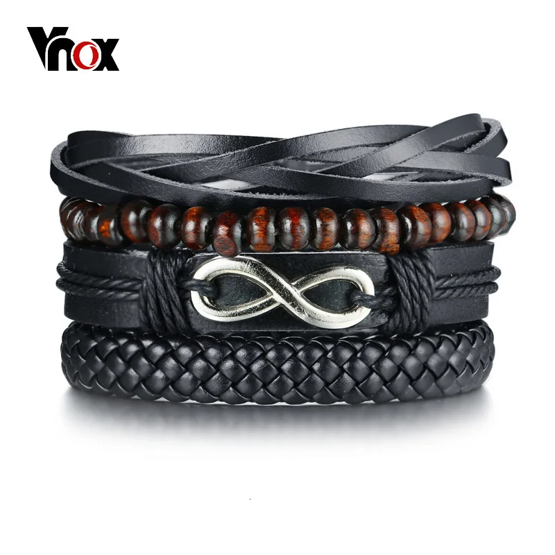 Vnox Mix 4 wrap Браслеты для мужчин и женщин черные шнуры деревянные бусины Этнические Племенные браслеты кожаные браслеты