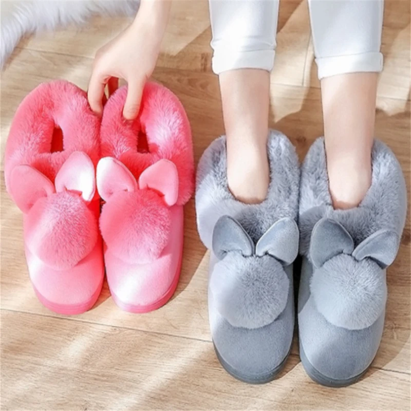 

Female Autumn And Winter Cotton Slippers Faux Fur Rabbit Home Warm Thick Bottom Indoor Cotton Shoes 2021